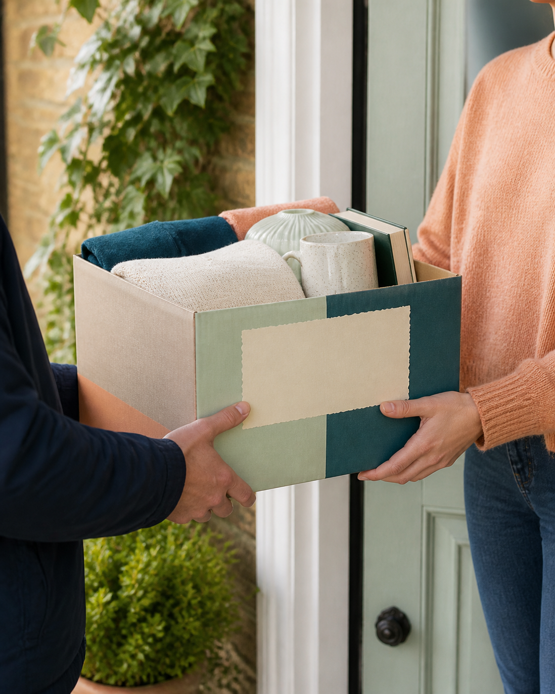 Two people handing over a carefully packed box of resaleable items at a front door.